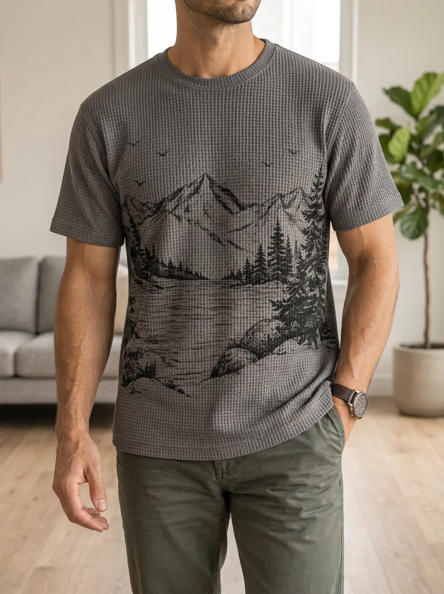 Men's Outdoor Nature Lover Mountain Forest Waffle Relaxed Crew Neck T-Shirt