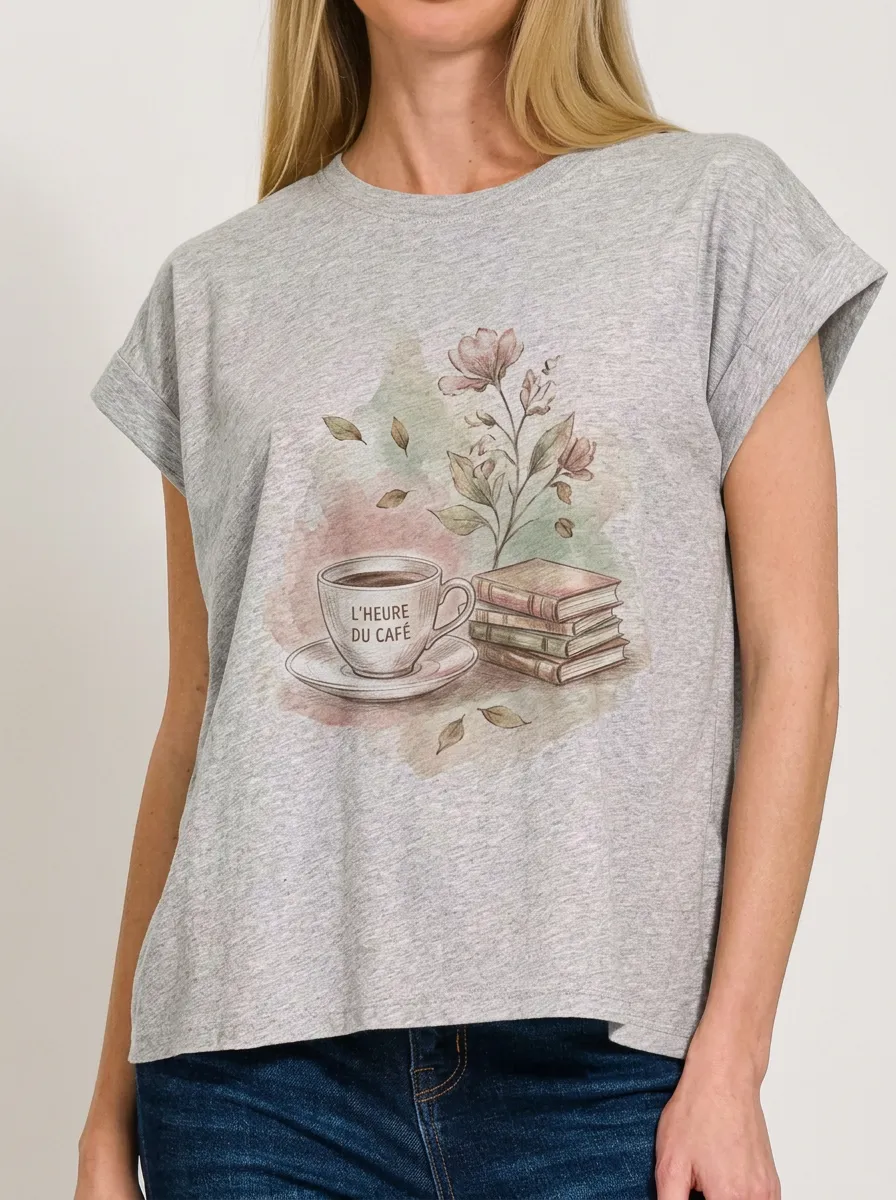 Women's Coffee Book Lover Floral L'Heure Du Café Printed T-shirt