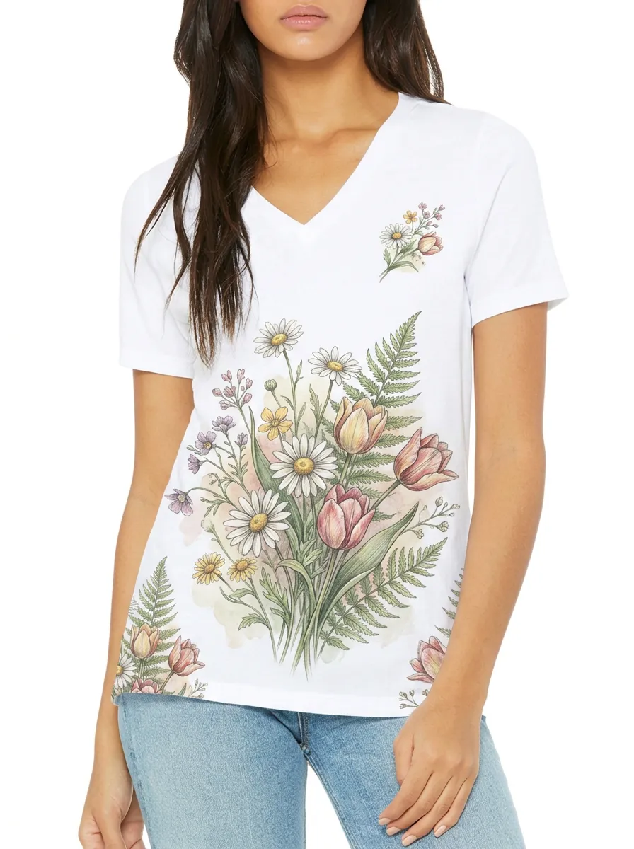 Women's Botanical Nature Lover Daisy Tulip Fern Printed V-neck T-shirt
