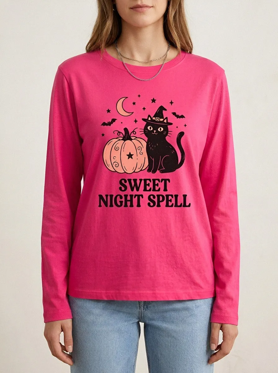 Moonlit Pumpkin -Cat Halloween Cotton Linen Long Sleeve Top