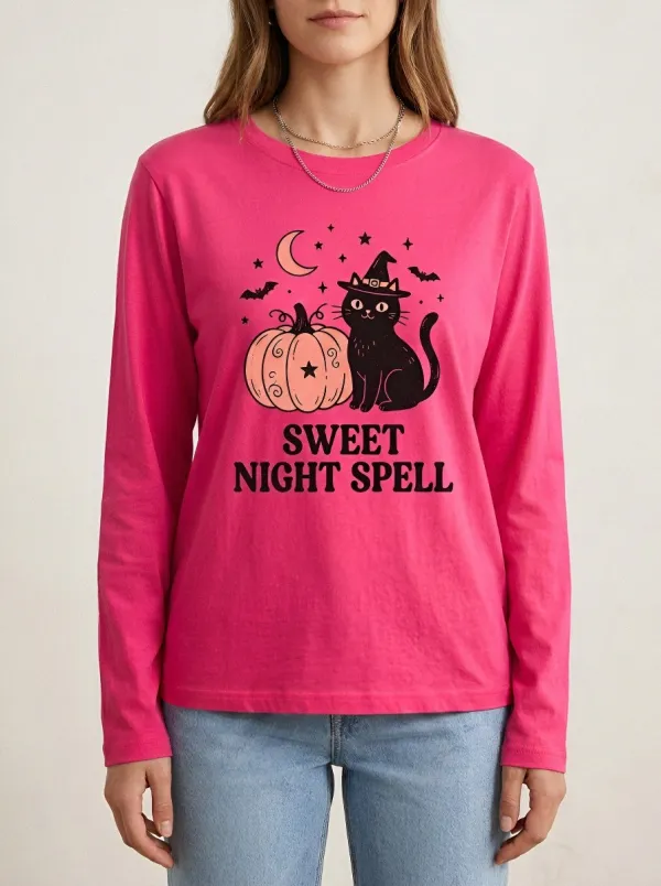 Moonlit Pumpkin -Cat Halloween Cotton Linen Long Sleeve Top