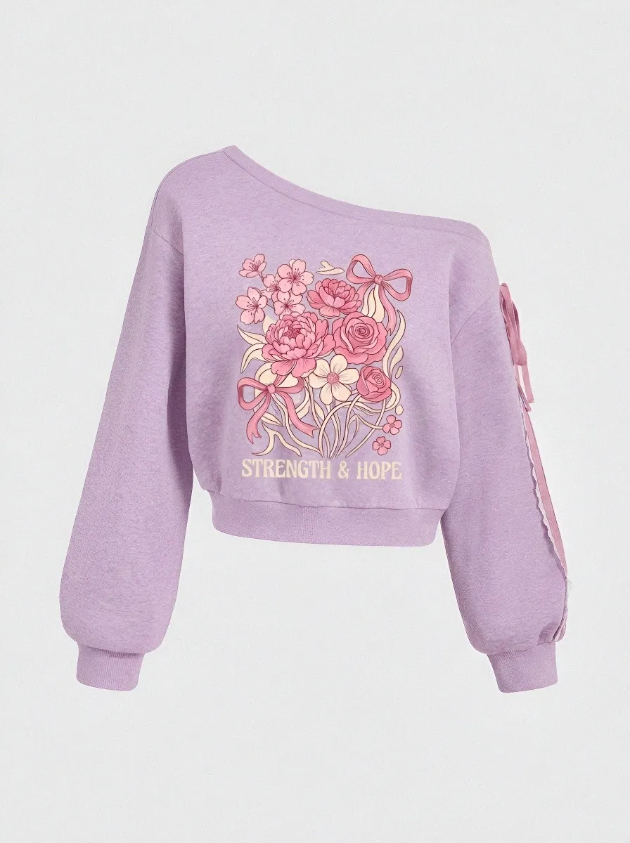 Women's Breast Cancer Awareness Floral Strength & Hope Printed Off-Shoulder Sweatshirt