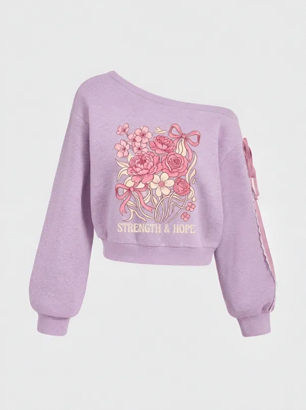 Women's Breast Cancer Awareness Floral Strength & Hope Printed Off-Shoulder Sweatshirt