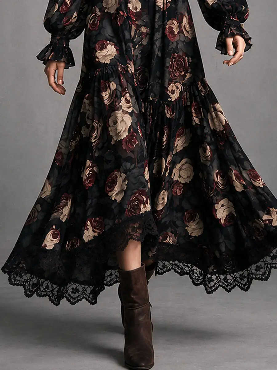 Vintage Rose Print Wrap Smocked Waist Maxi Dress With Lace Trim
