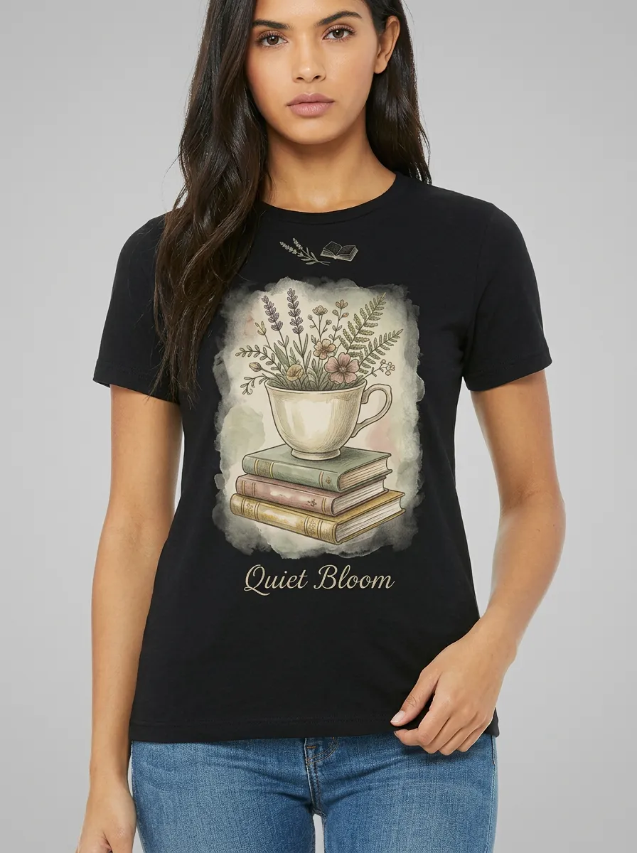 Women's Book Lover Quiet Bloom Floral Teacup Printed T-shirt