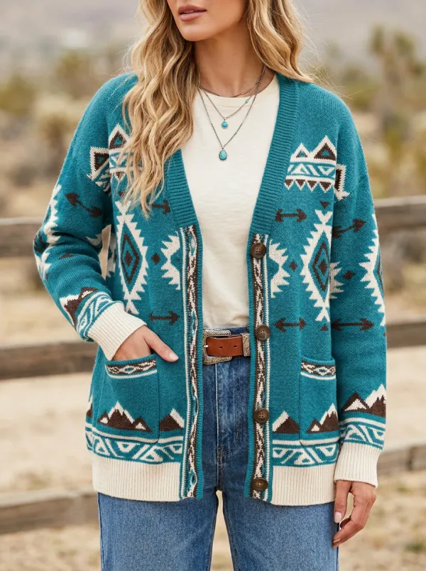 Women's Western Camel Southwestern Pattern Knit Cardigan