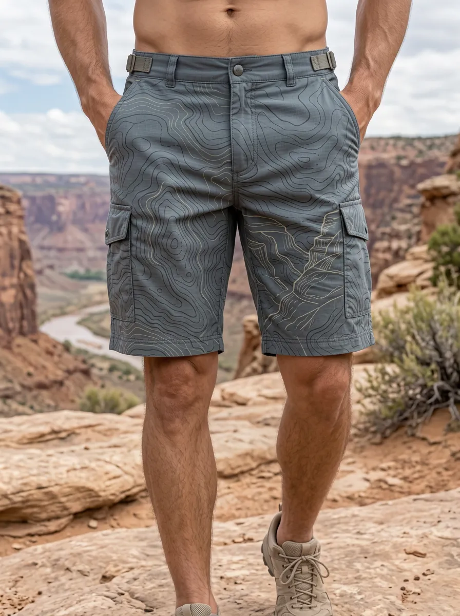 Men's Straight Leg Hiking Outdoor Enthusiast Topographic Map Cargo Shorts