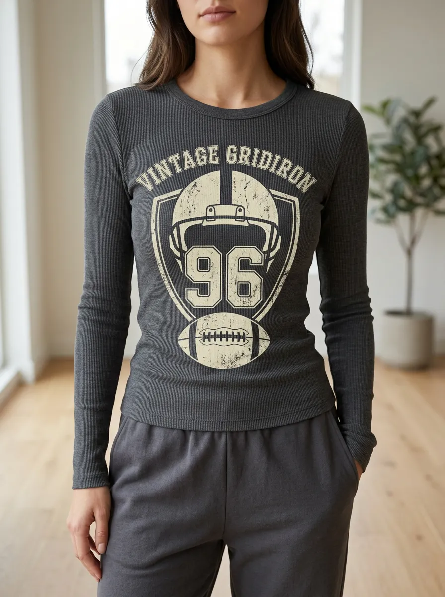 Women's Football Lover Vintage Gridiron 96 Printed Long Sleeve Top
