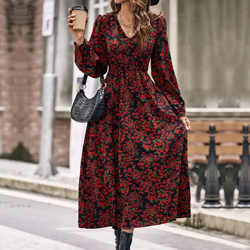 Women's A-Line V-Neck Floral Ruffled Maxi Dress