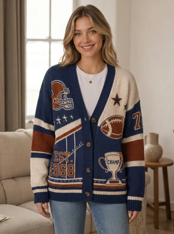 Women's Modern Sport Helmet Football Trophy Knitted Cardigan