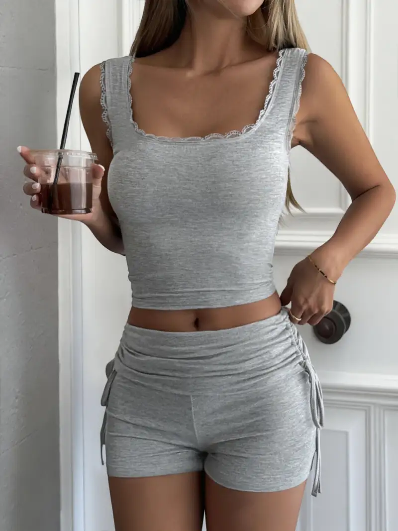 Lace-Trim Drawstring Shorts Matching Set
