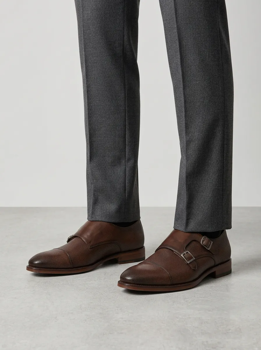 Men's Casual Business Formal Perforated Leather Double Monk Strap Shoes