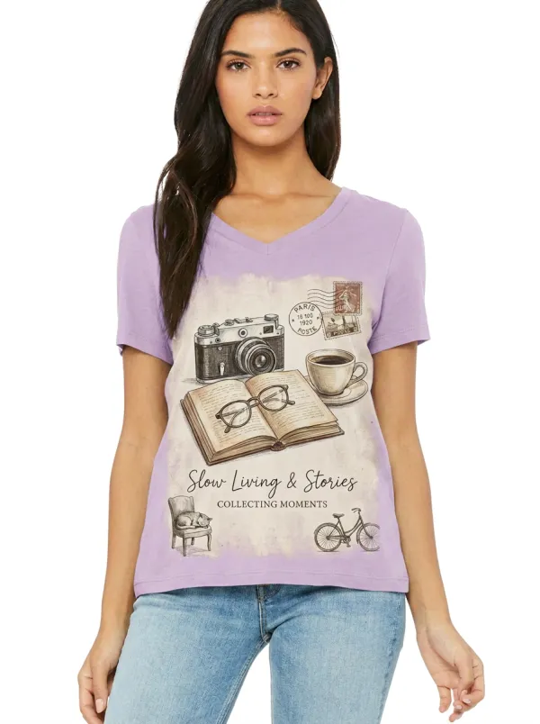 Women's Slow Living Book Camera Coffee Printed V-neck T-shirt