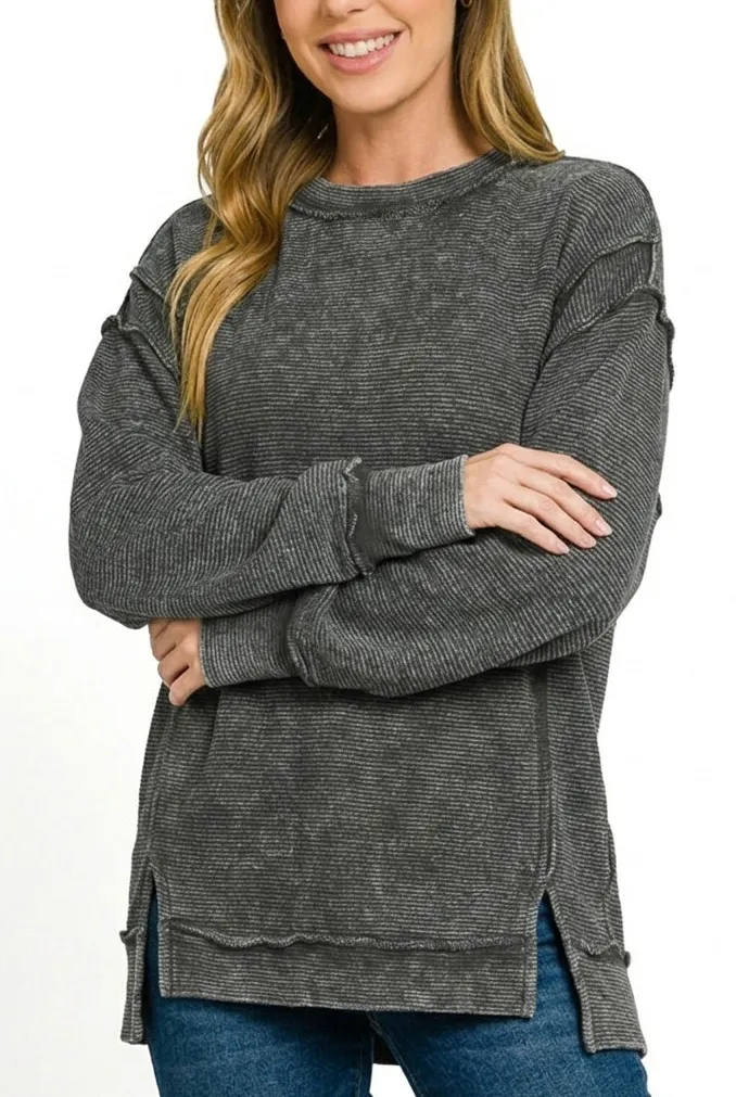 Acid Washed Double Ribbed Exposed-Seam Sweatshirt