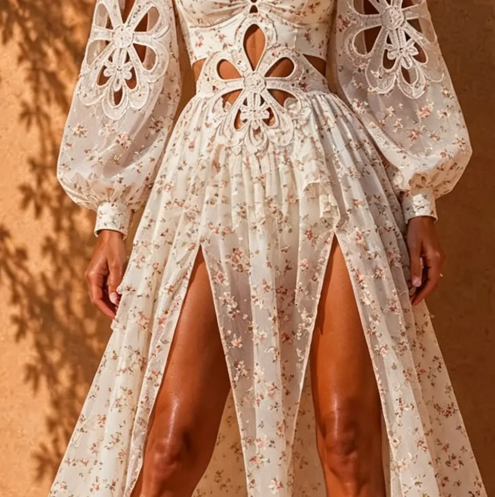 Zariah White Floral Cutout Slit Long Dress
