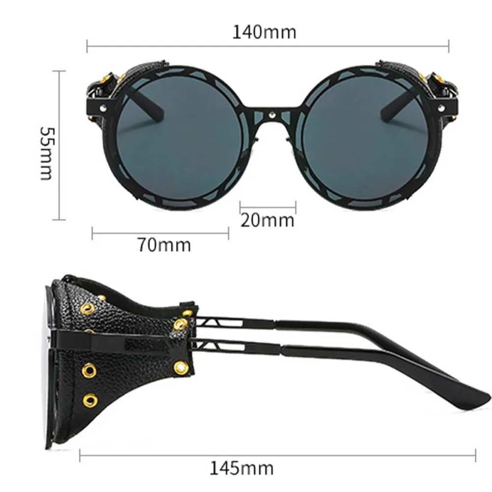 Metal Leather Round Sunglasses
