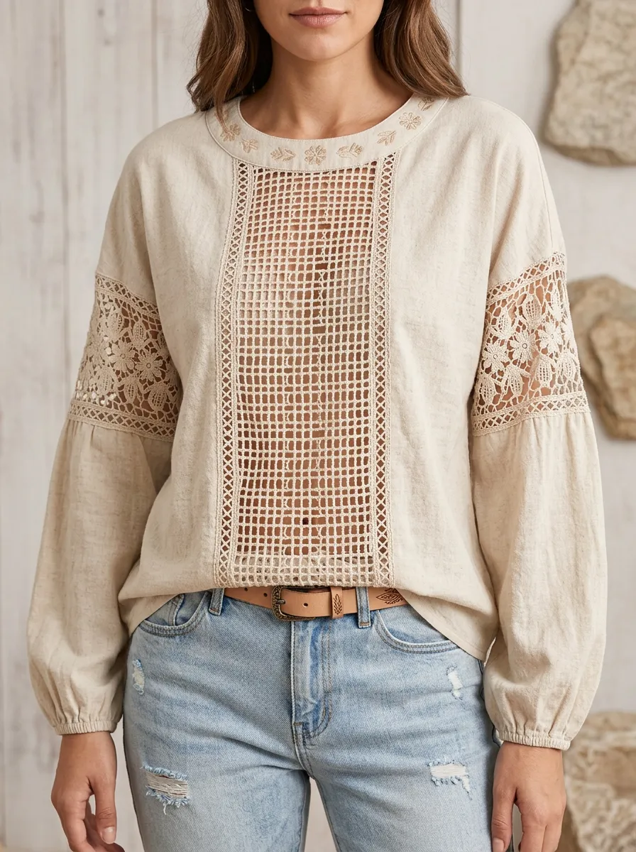 Women's Western B3 Boho Crochet Lace Panel Long Sleeve Top