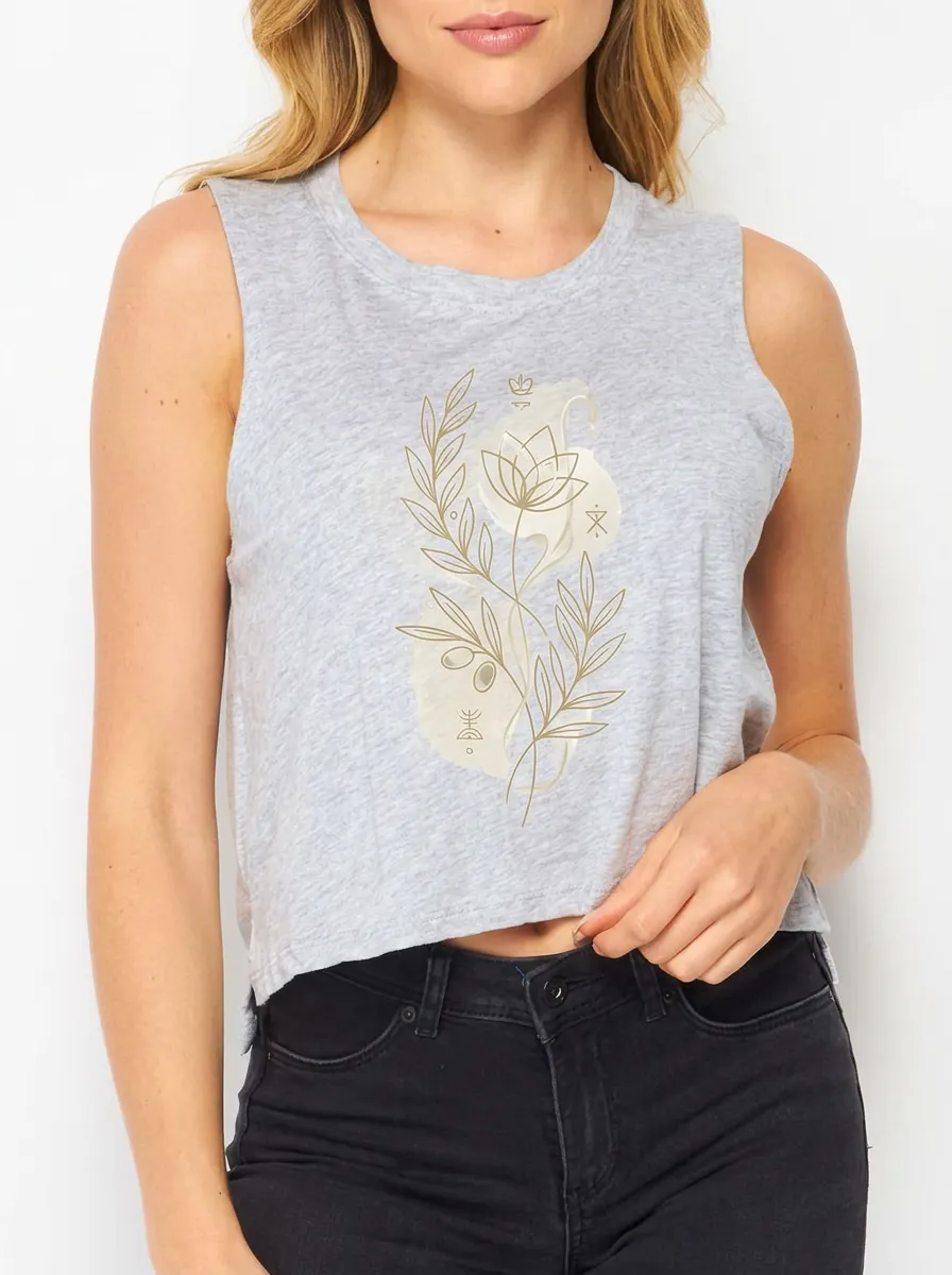 Women's Botanical Minimalist Floral Line Art Printed Crop Tank Top