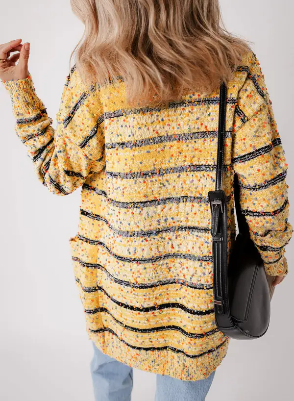 Striped Pom-Pom Knit Open Front Long Cardigan
