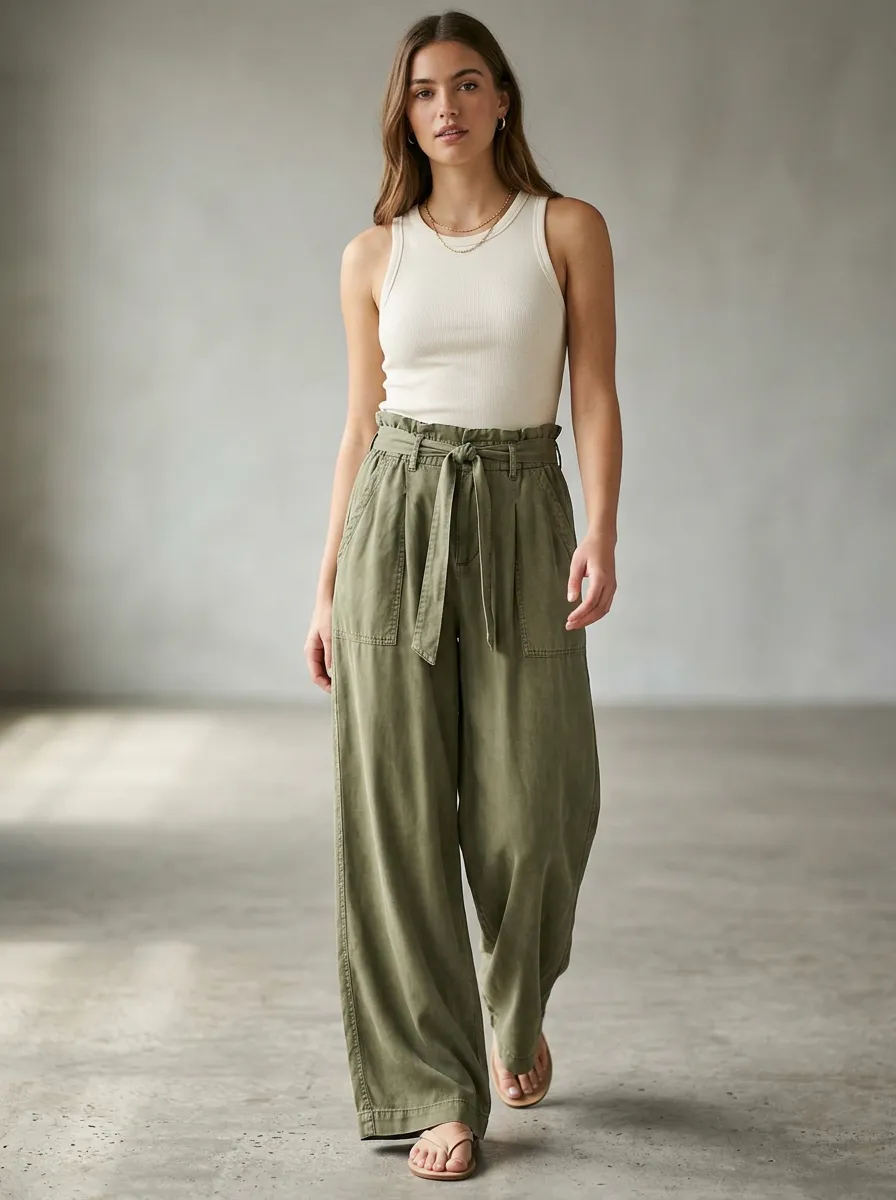 Women's Casual Olive Green High-Waisted Paperbag Tie-Waist Wide-Leg Pants