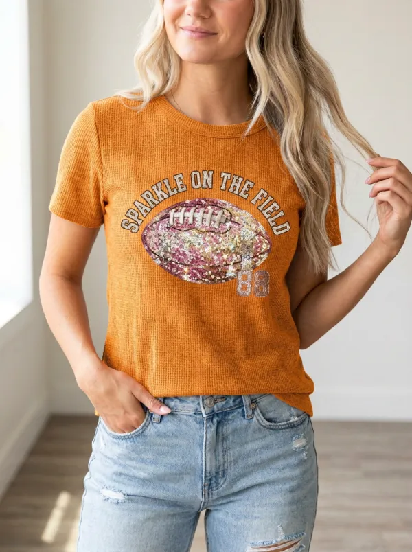 Women's Football Fan Sparkle On The Field Glitter Printed T-shirt