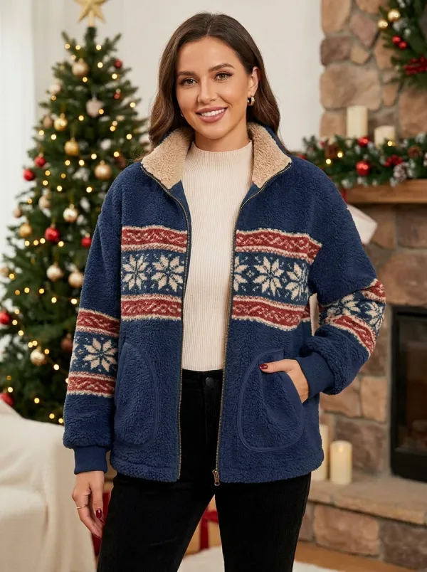 Women's Christmas Snowflake Pattern Sherpa Fleece Printed Jacket