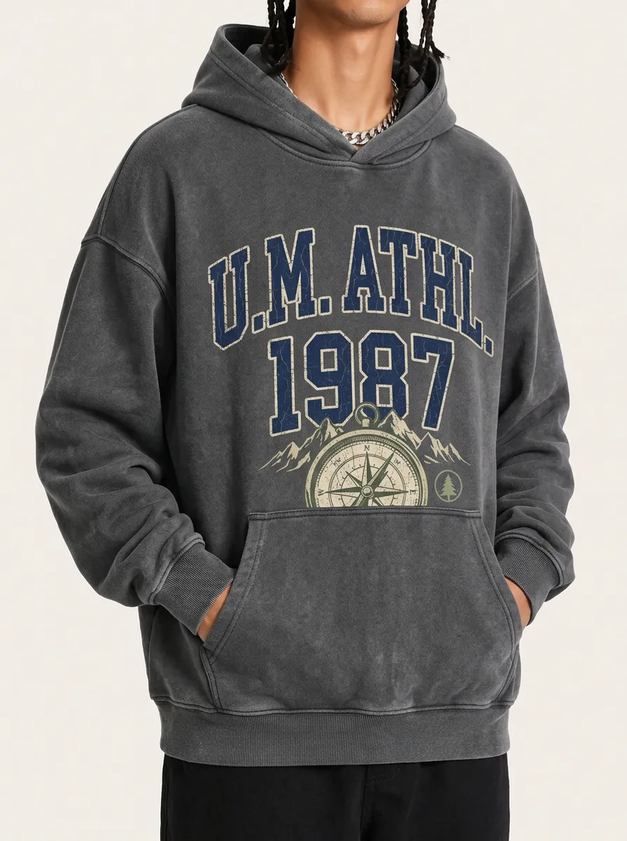 Men's Outdoor Adventure Compass 1987 Printed Hoodie