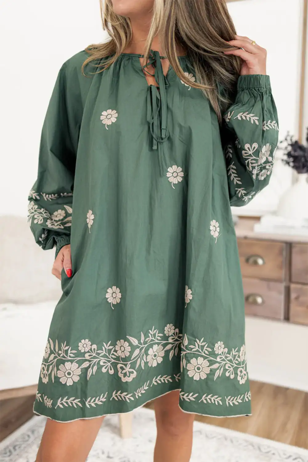 Floral Tie Detail Puff Sleeve Mini Dress