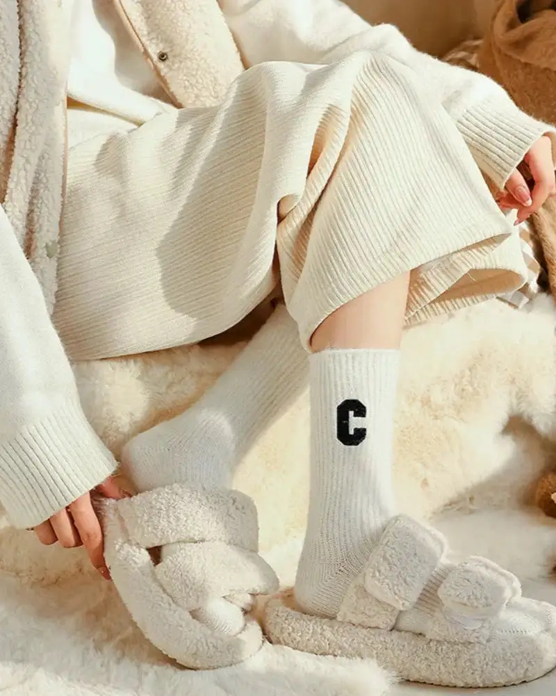 Warm Embroidered Grip Crew Socks