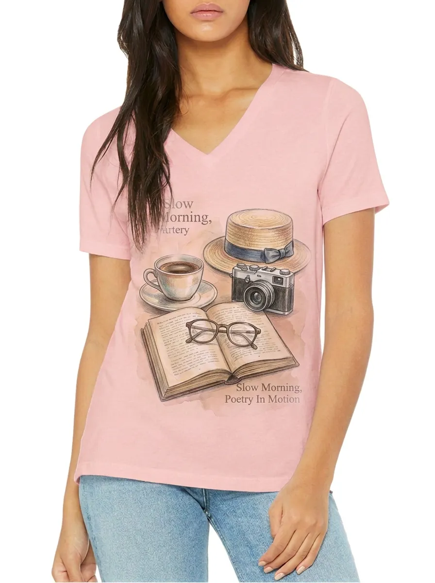 Women's Book Lover Coffee Camera Hat Printed V-neck T-shirt