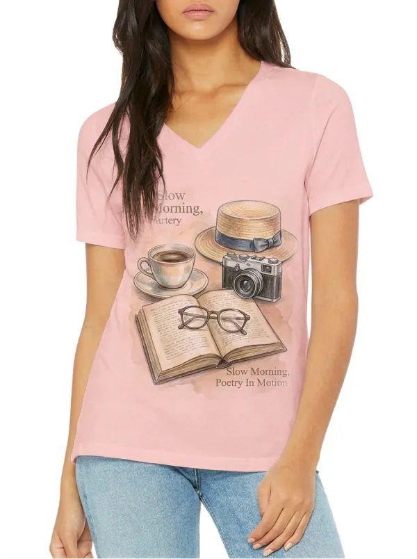 Women's Book Lover Coffee Camera Hat Printed V-neck T-shirt