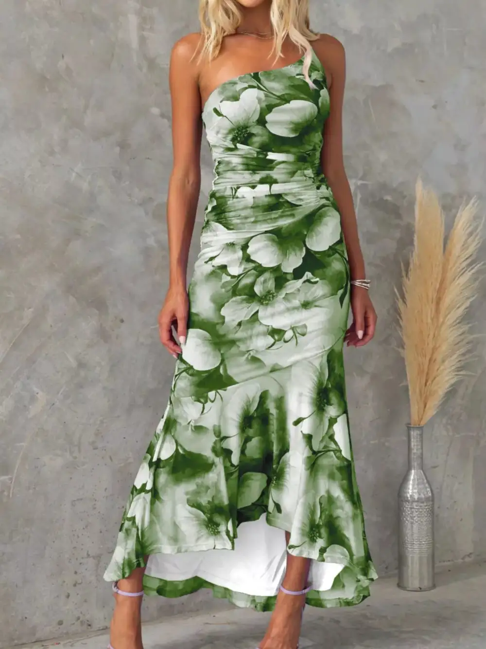 Ruched One-Shoulder Floral Maxi Dress