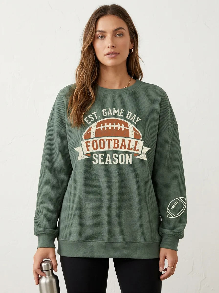 Women's Football Fan Game Day Season Printed Waffle Sweatshirt