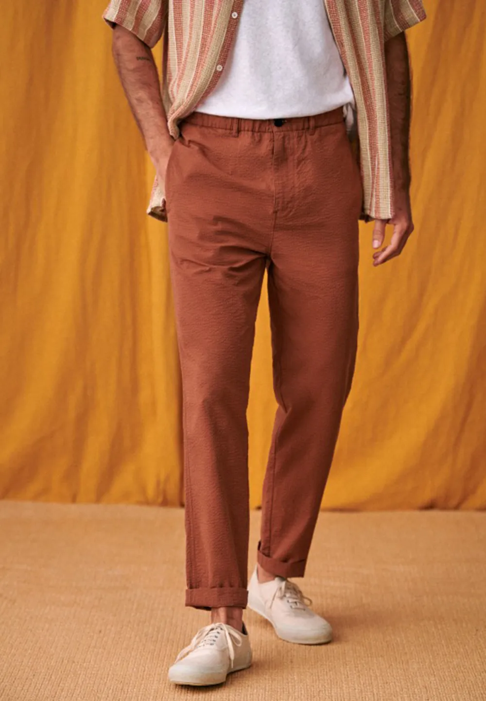 Rust Brown Seersucker Drawstring Waist Trousers