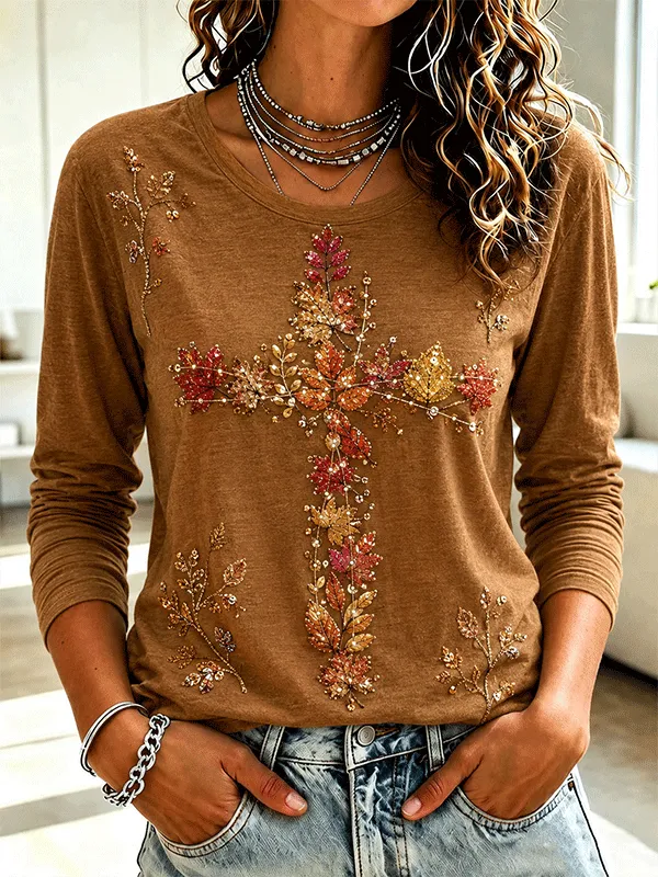 Women's Rhinestone Fall Leaf Cross Long Sleeve Casual Tee