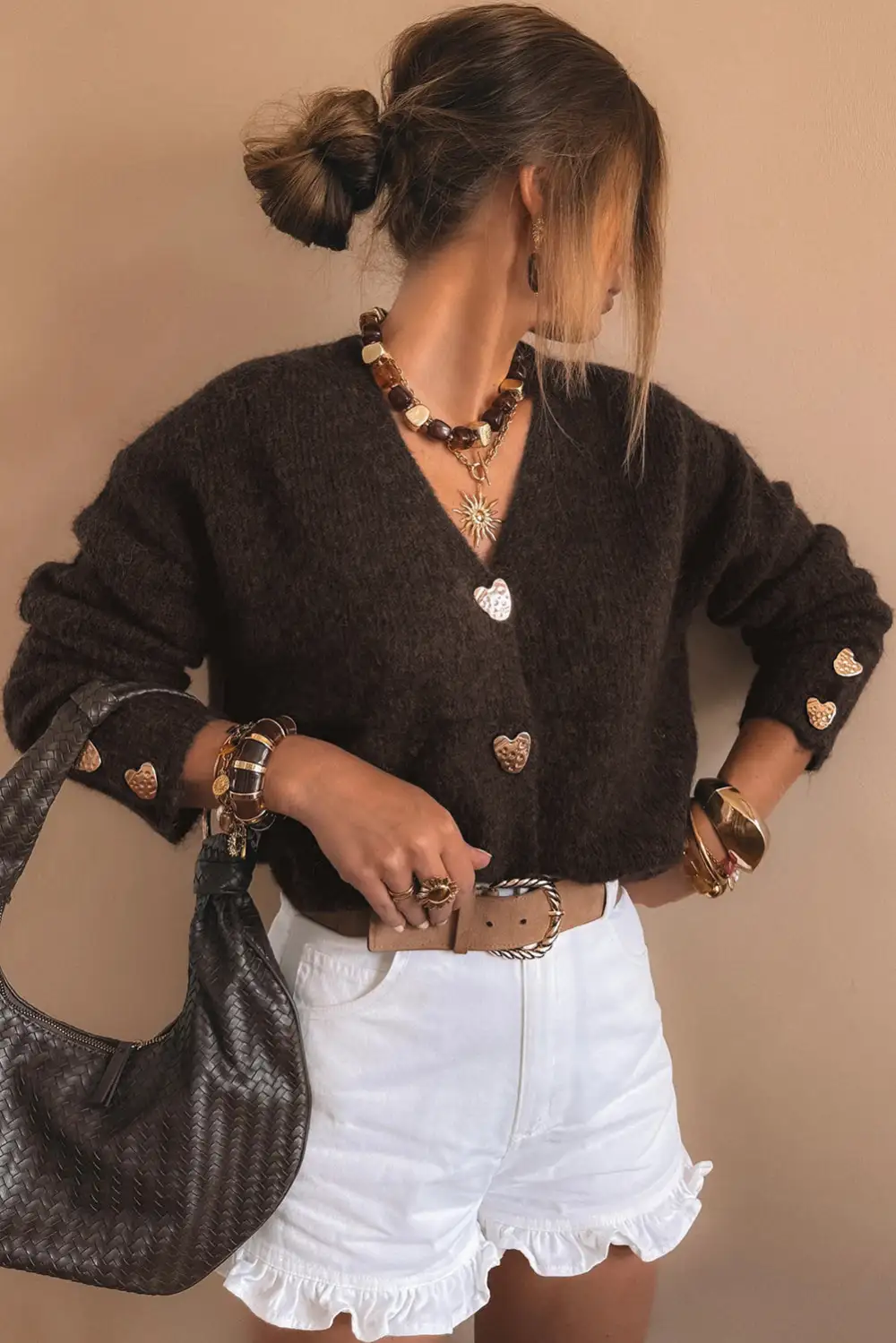 Heart Metal Button V Neck Everyday Layer Cardigan