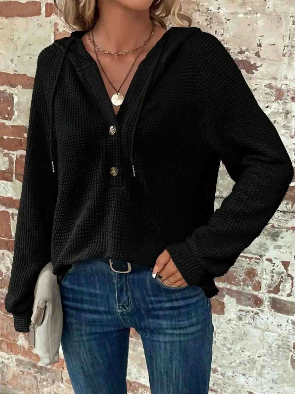 Drawstring Buttoned Pocketed Waffle-Textured Hoodie