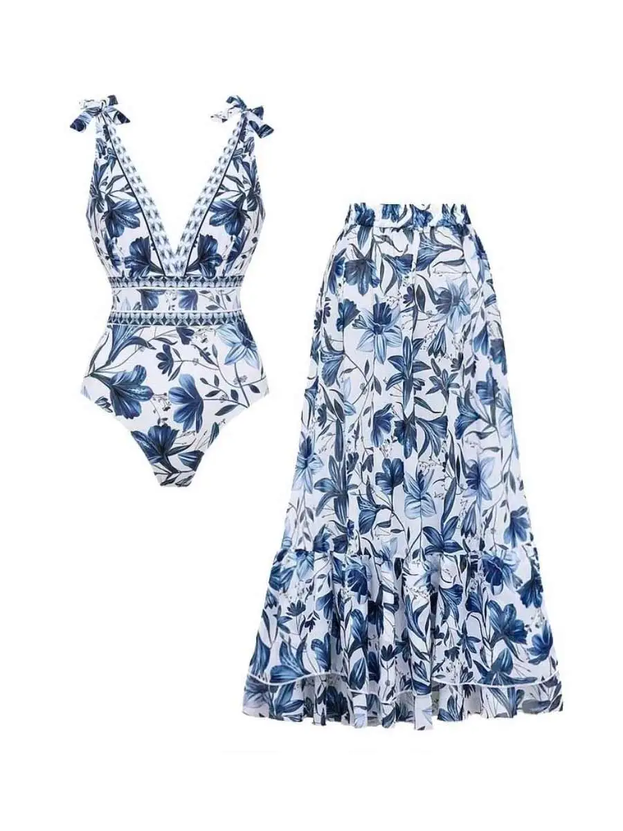 Ramona V Neck Lace Up Printed Swimsuit Set
