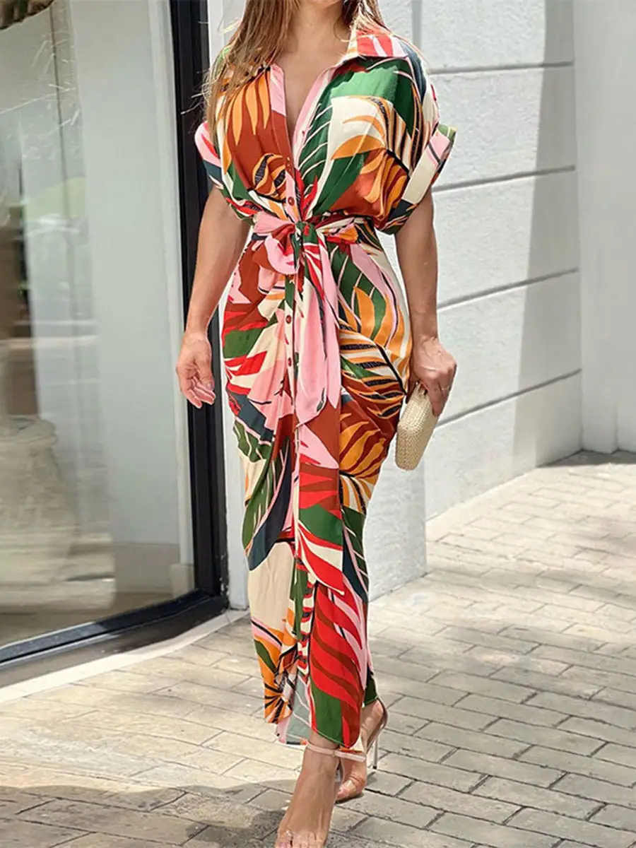 Elasticated Pleated Buttoned Shirt Maxi Dress