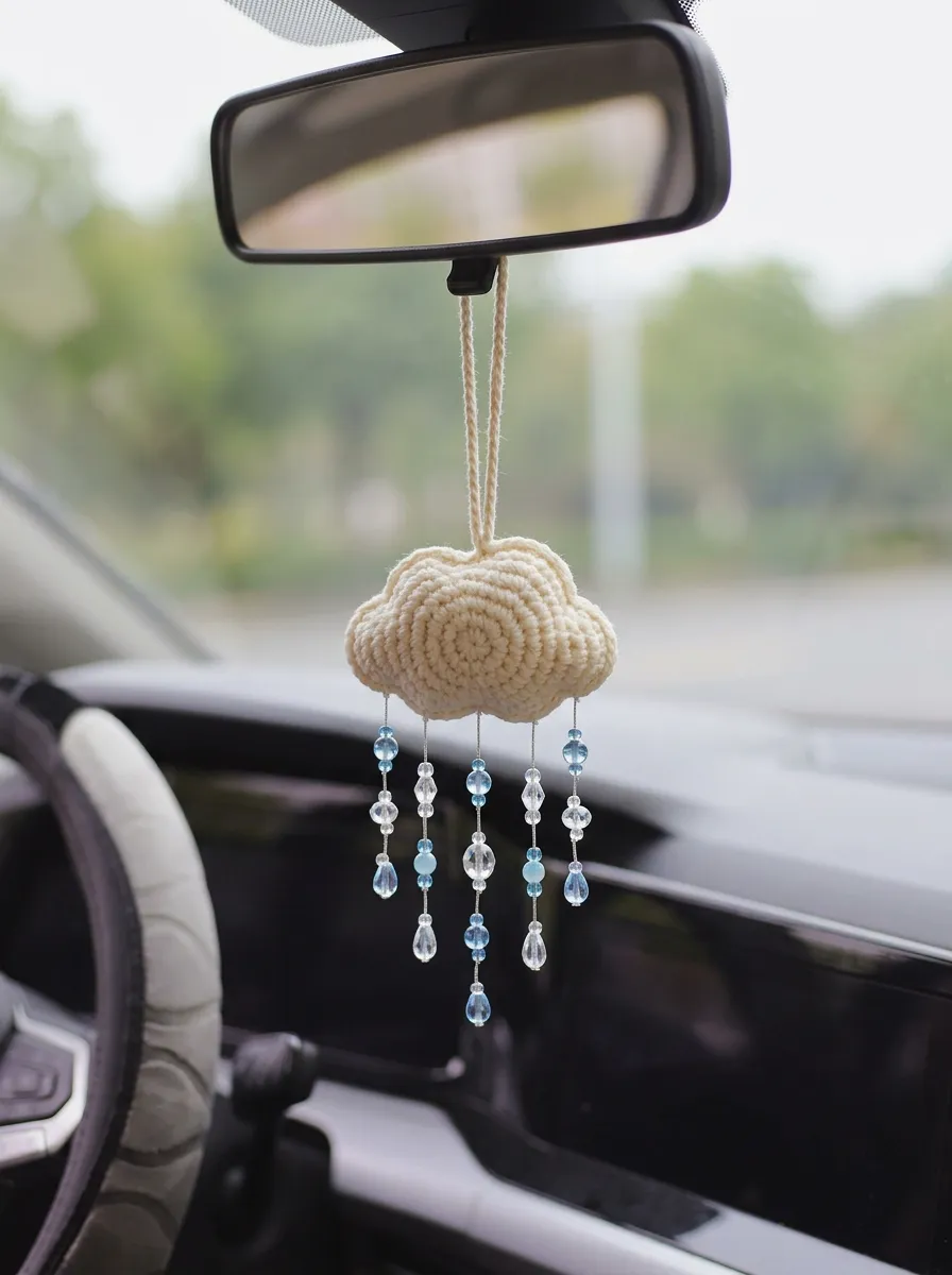 Crochet Crystal Cloud Rearview Mirror Hanging Ornament