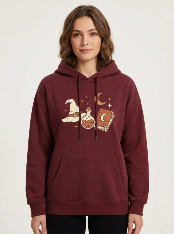 Women's Halloween Witch Hat Potion Book Printed Hoodie