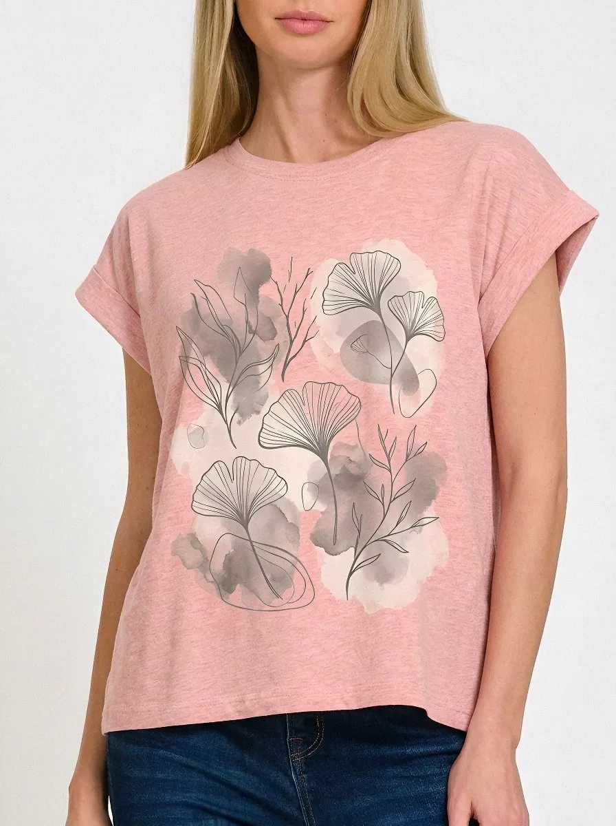 Women's Botanical Ginkgo Leaf Watercolor Printed T-shirt
