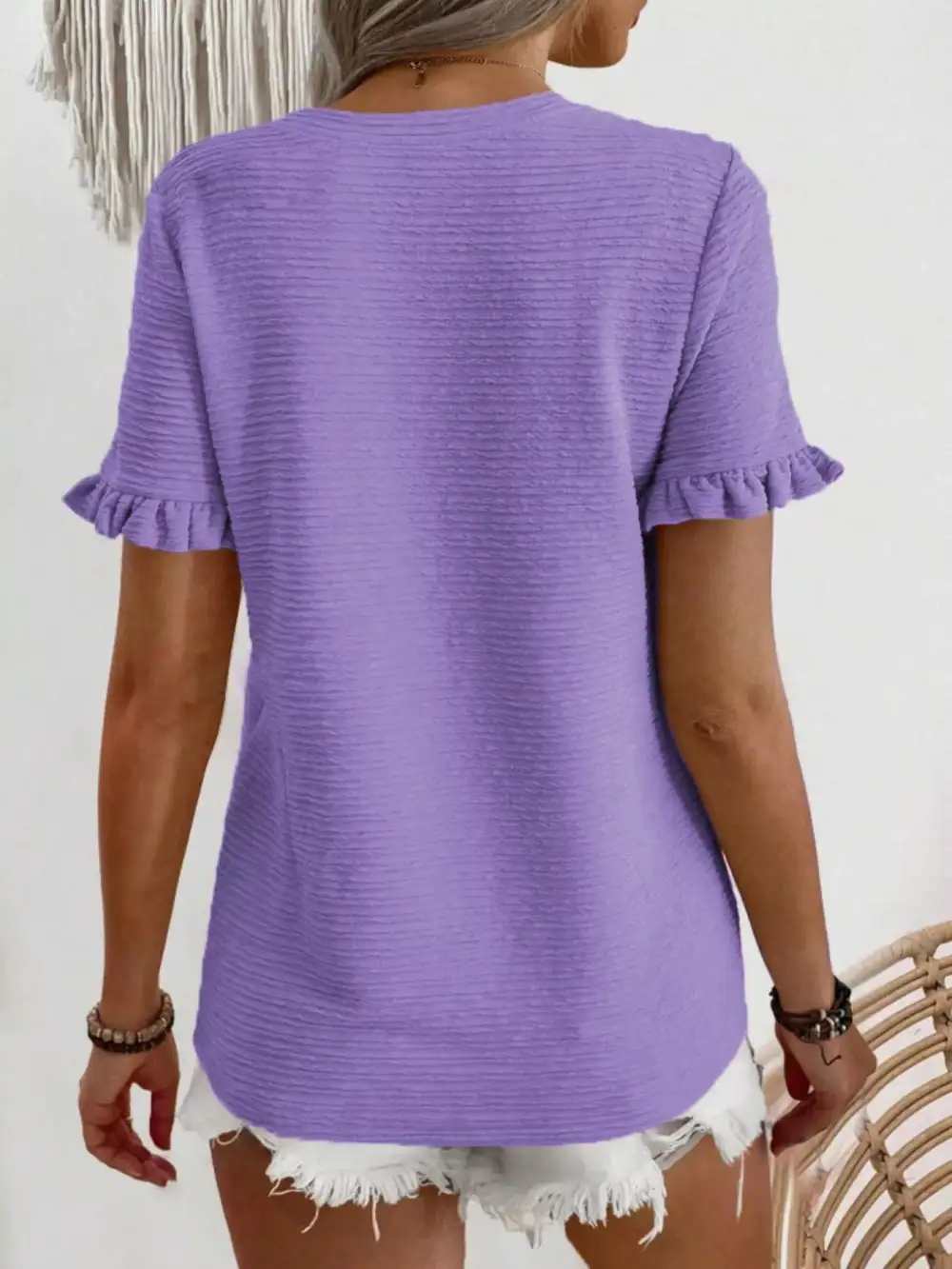 Textured Ruffle Sleeve Round Neck Blouse