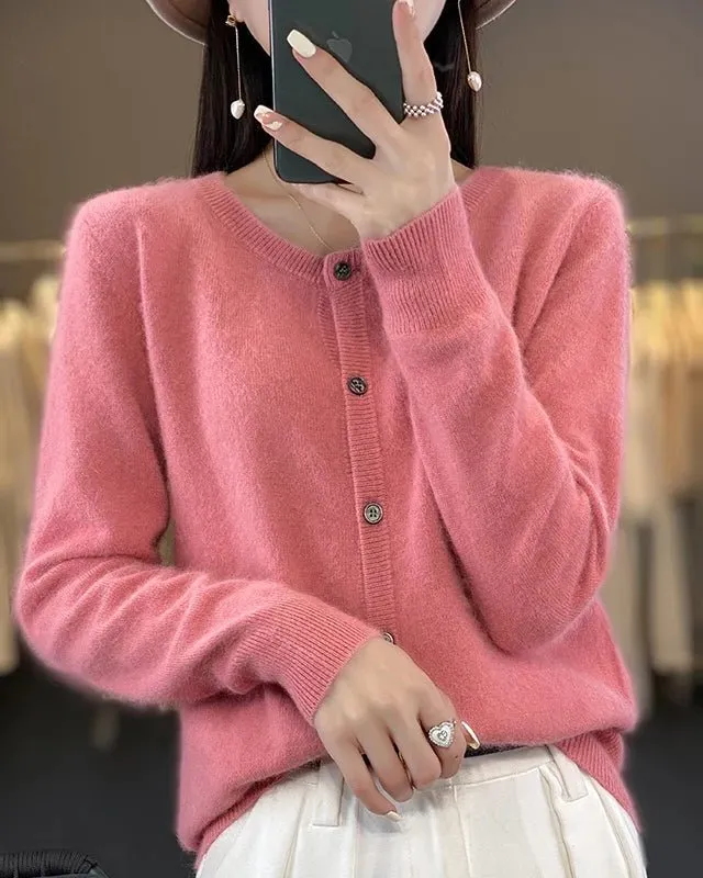 Classic Mink-Cashmere Cashmere Button-Front Crew-Neck Cardigan