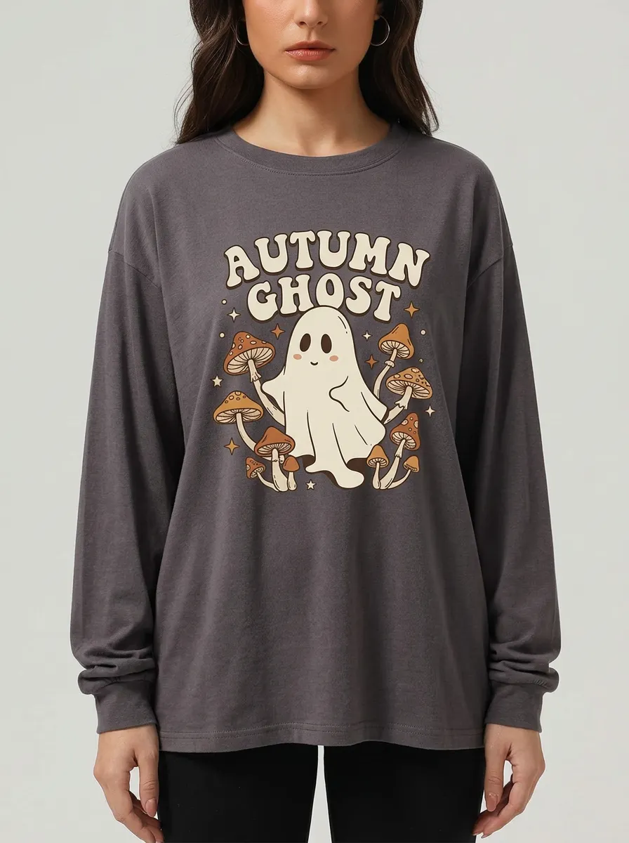 Women's Halloween Autumn Ghost Mushroom Printed Long Sleeve T-shirt