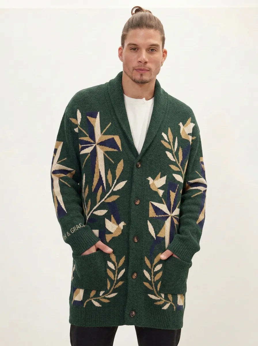 Men's Faith Religious Dove Cross Pattern Printed Cardigan