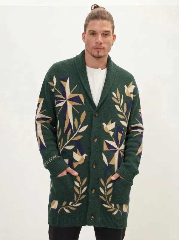 Men's Faith Religious Dove Cross Pattern Printed Cardigan