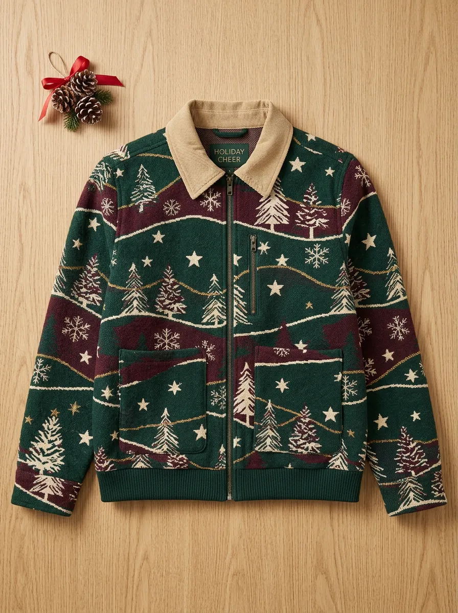 Unisex Christmas Holiday Tree Snowflake Pattern Print Jacket