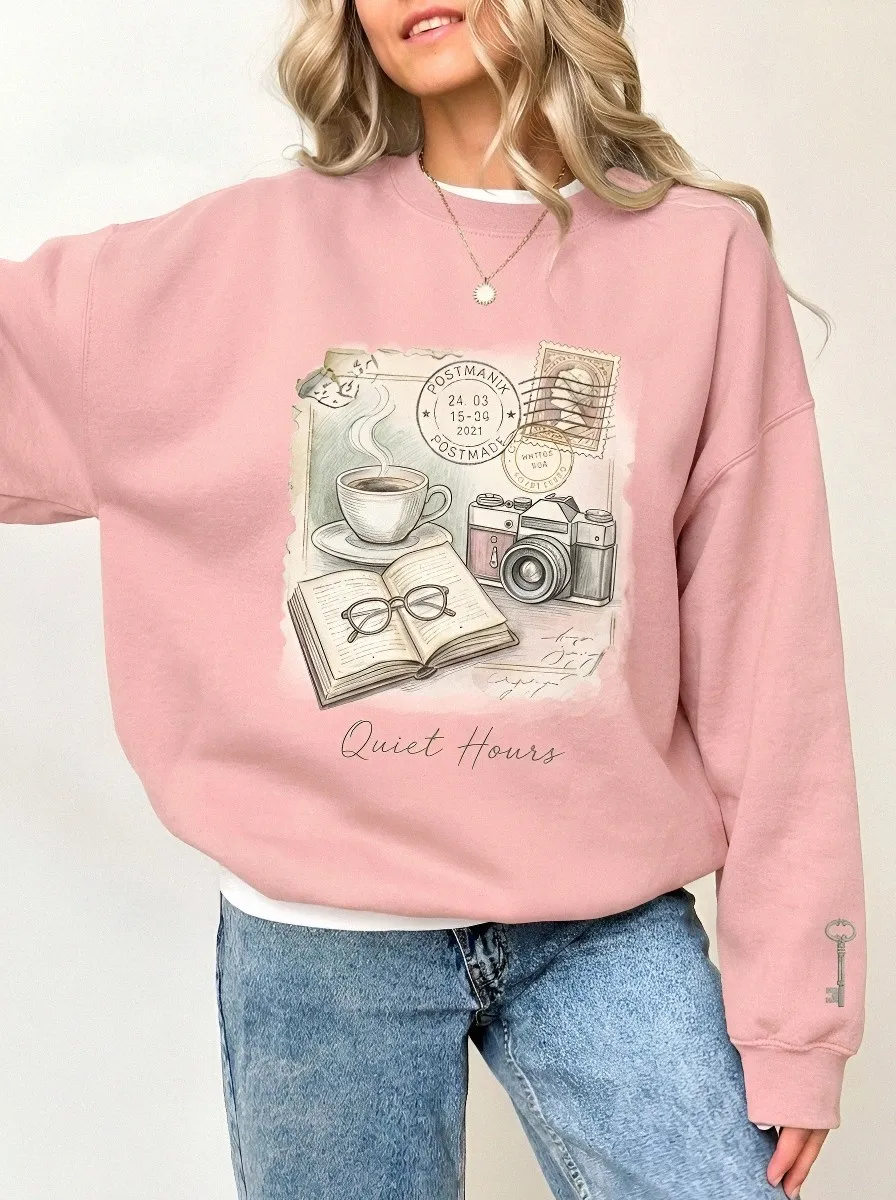 Women's Quiet Hours Coffee Book Camera Stamp Printed Sweatshirt