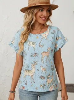 Deer Floral Women's Loose Printed T-Shirt